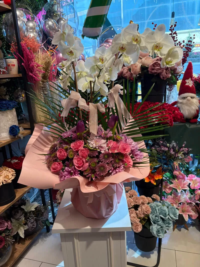 Pembe Mor Aranjmanlı Beyaz Orkide Aranjmanı